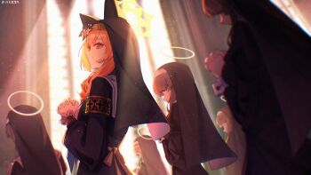 1girl 6+girls black_veil blue_archive blue_eyes chinese_commentary church closed_mouth commentary_request european_architecture flower hair_flower hair_ornament halo highres indoors long_hair looking_at_viewer mari_(blue_archive) multiple_girls nun orange_hair praying veil yellow_halo ylce