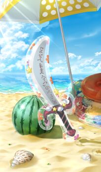 Rule 34 | ball, balloon sword, beach, beach umbrella, beachball, blue sky, cloud, commentary, conch, day, fate/grand order, fate (series), food, fruit, horizon, innertube, light rays, no humans, object focus, ocean, official art, outdoors, sand, scallop, scimitar, seashell, shell, sky, star (symbol), still life, summer, sunbeam, sunlight, swim ring, sword, tatsuyo, third-party source, toy sword, umbrella, water, watermelon, weapon