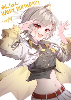 1girl belt black_shirt collared_shirt crop_top fang gradient_clothes grey_hair grey_jacket hands_up highres jacket long_hair looking_at_viewer midriff navel necktie open_mouth project_nebula red_eyes shirt short_necktie side_ponytail skirt smile solo stomach suzuri_ren toki_(toki_ship8) upper_body virtual_youtuber white_skirt