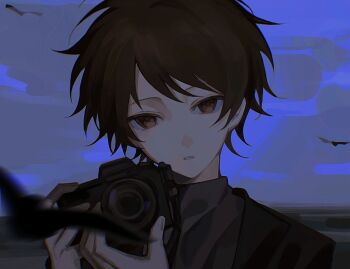 Rule 34 | 1boy, bird, black jacket, black sweater, blurry, blurry foreground, brown eyes, brown hair, camera, harada minoru, hashtag-only commentary, holding, holding camera, jacket, lapels, looking at viewer, male focus, motion blur, night, open clothes, open jacket, outdoors, portrait, saibou shinkyoku, solo, sweater, tsuki (haseus2), tsurime, turtleneck, turtleneck sweater