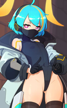 1girl ahoge bare_shoulders black_gloves black_leotard black_thighhighs blonde_hair blue_hair breasts clothes_pull commentary covered_mouth covered_navel cowboy_shot english_commentary frontal_wedgie gloves gluteal_fold groin headphones highleg highleg_leotard highres jacket leotard leotard_pull long_sleeves looking_at_viewer mask mouth_mask multicolored_hair off-shoulder_leotard off_shoulder open_clothes open_jacket original pink_eyes pulling_own_clothes self_wedgie short_hair small_breasts solo standing streaked_hair suweeka thighhighs thighs two-tone_hair wedgie