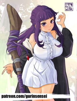 Rule 34 | 1girl, artist logo, artist name, black coat, blunt bangs, breasts, closed mouth, coat, commentary, cowboy shot, dress, fern (sousou no frieren), gurinsensei, hand up, large breasts, leaning forward, logo, long hair, long sleeves, looking at viewer, mage staff, off shoulder, open clothes, open coat, patreon username, purple eyes, purple hair, short dress, sleeveless, sleeveless dress, solo, sousou no frieren, staff, standing, white dress