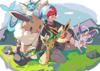 1girl :3 :d absurdres animal_nose black_fur black_hoodie blue_fur blue_hair blue_sclera brown_bag brown_sclera cetacean_tail character_backpack colored_sclera commentary eevee_backpack fang fins fish_tail flareon fluffy full_body gen_1_pokemon gen_2_pokemon gen_4_pokemon gen_6_pokemon glasses head_fins highres hood hoodie leaf leafeon muco multicolored_hair neck_fur nintendo on_lap one_eye_closed open_mouth orange_fur outdoors pantyhose penny_(pokemon) pink_fur pokemon pokemon_(creature) pokemon_on_lap pokemon_sv print_pantyhose red_hair ribbon round_eyewear simple_background sitting sleeping smile sylveon tail two-tone_fur two-tone_hair umbreon vaporeon wariza white_fur yellow_fur