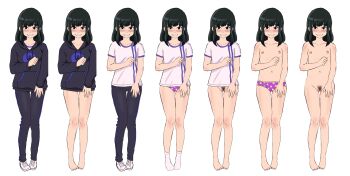 1girl absurdres barbara_(seventh_grade_chronicles) barefoot black_eyes black_hair black_pants blush breasts brown_eyes censored cleft_of_venus clenched_teeth completely_nude crying embarrassed feet female_focus female_pubic_hair full_body grin gym_uniform highres hood hood_down hoodie jacket loli long_hair looking_at_viewer medium_hair multiple_views navel nipples nude open_mouth original panties pants pink_panties pubic_hair purple_panties purple_underwear pussy seventh_grade_chronicles shirt shoes short_sleeves simple_background small_breasts smile socks sportswear standing t-shirt tearing_up tears teeth topless_female track_jacket track_pants underwear underwear_only variations white_background white_footwear white_shirt