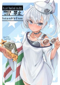 1girl black_one-piece_swimsuit blue_background border commentary_request dace_(kancolle) dixie_cup_hat grey_eyes grey_hair hat headgear holding holding_removed_eyewear kantai_collection leonardo_da_vinci_(kancolle) looking_at_viewer military_hat multicolored_sash nazono_neko one-piece_swimsuit ribbon_bar shirt side_ponytail solo star_(symbol) sunglasses swimsuit swimsuit_under_clothes torpedo two-tone_background two-tone_one-piece_swimsuit unworn_eyewear upper_body white_border white_hat white_shirt