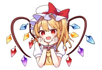 1girl ascot blonde_hair blush bow commentary cropped_torso crystal_wings fang flandre_scarlet frilled_hat frilled_wristband frills hat hat_bow looking_at_viewer medium_hair mob_cap motimotiomoti723 one_side_up pointy_ears red_bow red_eyes red_vest shirt short_sleeves simple_background skin_fang smile solo touhou upper_body vest white_background white_hat white_shirt wings yellow_ascot