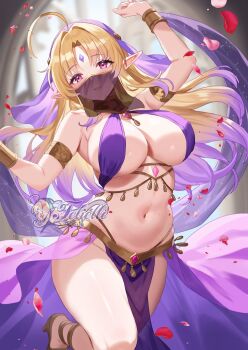 1girl ahoge artist_name artist_self-insert bare_shoulders blonde_hair breasts cleavage commentary commentary_request dancer english_commentary felielle forehead_jewel gem gradient_hair large_breasts long_hair looking_at_viewer mouth_veil multicolored_hair navel original parted_bangs parted_lips pelvic_curtain pointy_ears purple_eyes purple_gemstone purple_hair smile solo stomach veil very_long_hair