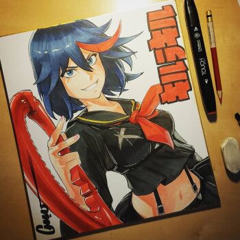Rule 34 | 1girl, black sailor collar, black shirt, black skirt, blue eyes, blue hair, breasts, colored pencil (medium), commentary, copyright name, english commentary, fingernails, hair between eyes, holding, holding sword, holding weapon, kill la kill, looking at viewer, marker (medium), matoi ryuuko, medium breasts, medium hair, midriff, multicolored hair, navel, neckerchief, omar dogan, parted lips, photo (medium), red neckerchief, red streaks, sailor collar, sailor shirt, scissor blade (kill la kill), senketsu, shirt, signature, simple background, skirt, smile, solo, streaked hair, suspenders, sword, teeth, tomboy, traditional media, two-tone hair, upper body, weapon, white background