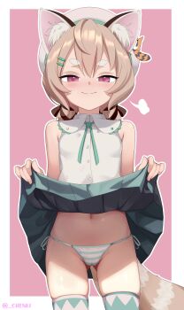 1girl absurdres animal_ear_fluff beret blush border breasts brown_hair brown_ribbon cameltoe chenki_(chenki) closed_mouth clothes_lift commentary cowboy_shot gluteal_fold green_ribbon green_skirt hair_between_eyes hair_ornament hair_ribbon hairclip hat highres komachi_panko lifting_own_clothes looking_at_viewer navel neck_ribbon outside_border panties phase_connect pink_background pink_eyes pleated_skirt puff_of_air red_panda_ears red_panda_girl red_panda_tail ribbon shirt short_eyebrows side-tie_panties skirt skirt_lift sleeveless sleeveless_shirt small_breasts smile solo standing string_panties striped_clothes striped_panties thick_eyebrows thighhighs underwear virtual_youtuber white_border white_hat white_shirt