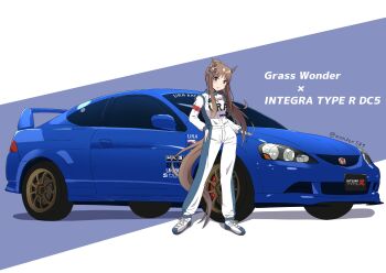 1girl alternate_hairstyle animal_ears blue_eyes bow character_name commentary_request ear_ribbon grass_wonder_(umamusume) highres honda honda_integra jumpsuit long_hair long_sleeves looking_at_viewer ponytail racing_suit shoes smile standing twitter_username umamusume vehicle_focus vehicle_name white_shoes wonder589