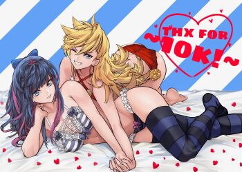 2girls :d absurdres all_fours barefoot black_thighhighs blue_bow blue_bra blue_eyes blue_hair blue_panties blue_thighhighs bow bow_bra bow_panties bra breasts cleavage collarbone colored_inner_hair commentary diagonal-striped_background english_text foot_out_of_frame frilled_panties frills hair_between_eyes hair_bow heart highres holding_hands kobi420 large_breasts long_hair looking_at_viewer lying multicolored_hair multicolored_thighhighs multiple_girls on_bed on_side one_eye_closed open_mouth panties panty_&amp;_stocking_with_garterbelt panty_(psg) parted_lips purple_bow purple_hair red_bra red_panties smile stocking_(psg) striped_background striped_bra striped_clothes striped_panties striped_thighhighs teeth thighhighs two-tone_bra two-tone_hair two-tone_panties two-tone_thighhighs underwear white_bra