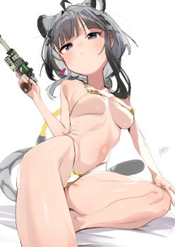 1girl absurdres ahoge animal_ears arknights arknights:_endfield bikini commentary_request extra_ears eyepatch gold_bikini grey_hair gun hand_on_own_knee highleg highleg_bikini highres holding holding_gun holding_weapon micro_bikini navel one_eye_covered satin_bikini shiny_swimsuit solo string_bikini swimsuit tail tangtang_(arknights) tiger_ears tiger_girl tiger_tail triangle_bikini_top weapon yellow_bikini yukimi_papino