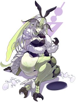 1girl abdomen_tail absurdres animal_ears antennae arthropod_girl ass black_leotard black_sclera breasts broken_glass closed_mouth colored_sclera colored_skin curvy extra_arms fake_animal_ears glass green_eyes green_hair green_skin hair_between_eyes highres indie_virtual_youtuber insect_girl insect_wings juniper_(artist) juniper_actias large_breasts leotard long_hair looking_at_viewer monster_girl moth_antennae moth_girl moth_hair_ornament playboy_bunny pout rabbit_ears sitting slap_mark solo thick_thighs thighs tray virtual_youtuber white_background white_hair wings