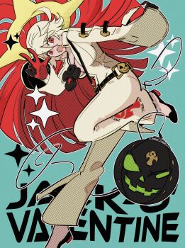 1girl absurdres ankh ankh_necklace ball_and_chain_restraint belt blue_background bodysuit breasts center_opening character_name dorpos guilty_gear guilty_gear_xrd halo highres jack-o&#039;_valentine ky_gwangin medium_breasts multicolored_hair red_hair solo sparkle spiked_halo studded_belt two-tone_hair white_bodysuit white_hair