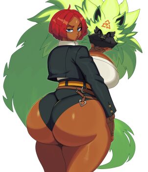 1girl ass blue_eyes breasts curvy dark-skinned_female dark_skin eric_lowery fingerless_gloves giovanna_(guilty_gear) gloves guilty_gear guilty_gear_strive highres huge_ass huge_breasts jacket long_sleeves looking_at_viewer red_hair rei_(guilty_gear) short_hair solo thick_thighs thighs white_background wide_hips wolf