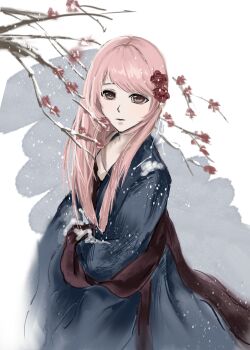Rule 34 | 1girl, absurdres, black hanfu, branch, brown eyes, chinese clothes, chinese commentary, closed mouth, commentary request, cowboy shot, expressionless, flower, hair flower, hair ornament, hair over shoulder, hanfu, highres, long hair, long sleeves, looking at viewer, nikki (nikki), nikki (series), own hands together, pink hair, plum blossoms, pointy nose, poppy (flower), red flower, red sash, sash, shadow, sleeves past fingers, sleeves past wrists, snow, snowing, solo, standing, tw42095067, very long hair, waist sash, wide sleeves, winter