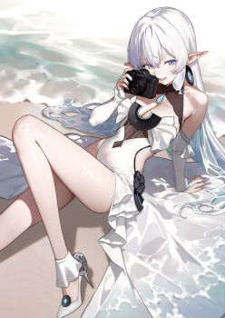 Rule 34 | 1girl, absurdres, beach, breasts, camera, cleavage, commentary request, commission, eco 376124, elf, highres, holding, holding camera, large breasts, long hair, looking at viewer, ocean, open mouth, original, pixiv commission, pointy ears, purple eyes, reclining, water, white hair