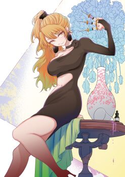 1girl absurdres bare_legs black_choker black_dress breasts chapter_cover choker clothing_cutout cover dress earrings flower goa_(kizetsu_yuusha) high_heels highres hip_vent holding holding_syringe jewelry k_setsuda kizetsu_yuusha_to_ansatsu_hime long_sleeves looking_at_viewer navel navel_cutout official_art orange_hair poison ponytail single_bare_shoulder sitting syringe tight_clothes tight_dress vase