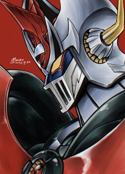 dated highres mazinger_(series) mazinkaiser mazinkaiser_(robot) mecha mecha_focus miroku_(miroku_t) no_humans profile red_background robot signature super_robot yellow_eyes
