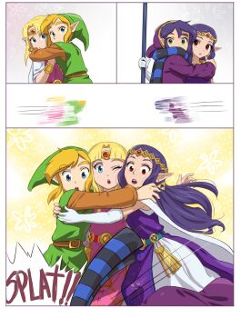 Rule 34 | 2boys, 2girls, afterimage, alderion-al, aqua eyes, blonde hair, bracelet, cape, circlet, earrings, elbow gloves, eyebrows, gloves, green eyes, green headwear, hat, highres, hug, jewelry, link, makeup, mask, motion lines, multiple boys, multiple girls, nintendo, one eye closed, open mouth, princess hilda, princess zelda, purple hair, ravio, red eyes, scarf, speed lines, spoilers, staff, striped clothes, striped scarf, the legend of zelda, the legend of zelda: a link between worlds, triforce, unworn mask, white gloves