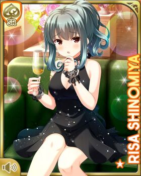 1girl :o black_dress breasts brown_eyes card_(medium) character_name cleavage collarbone dress female_focus girlfriend_(kari) green_hair indoors mansion official_art open_mouth qp:flapper shinomiya_risa sitting