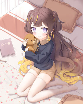 1girl anya_melfissa bed black_shirt blush book brown_hair cementite closed_mouth commentary_request day from_above full_body gradient_hair hair_ornament highres hololive hololive_indonesia hugging_object indoors long_hair long_sleeves looking_at_viewer multicolored_hair no_shoes on_bed pencil pillow purple_eyes shirt shorts sitting smile solo stuffed_animal stuffed_toy thighhighs two_side_up very_long_hair virtual_youtuber white_thighhighs yokozuwari