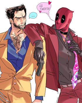... 2boys absurdres animification arm_on_another's_shoulder beard belt black_gloves black_shirt blue_shirt brown_hair buttons chest_hair claw_(weapon) deadpool deadpool_&amp;_wolverine deadpool_(series) english_text facial_hair formal_clothes gloves gun hashtag-only_commentary heart highres holding holding_gun holding_weapon jacket long_hair looking_at_another male_focus marvel marvel motokawako multiple_boys necktie pants parted_lips red_jacket red_mask red_suit shirt short_hair speech_bubble spoken_ellipsis suit unicorn_print weapon wolverine_(x-men) x-men yaoi yellow_jacket yellow_pants yellow_suit