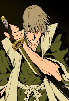 1boy absurdres black_kimono bleach broken broken_sword broken_weapon closed_eyes grey_hair haori hashtag-only_commentary highres holding holding_weapon ichimaru_gin japanese_clothes kimono male_focus shihakusho short_hair smile solo sword taichou_haori teeth weapon xi_luo_an_ya