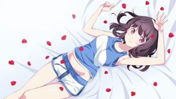 1girl arm_up bed_sheet bra breasts commentary_request haru_(henkei_shoujo) henkei_shoujo legs lying medium_breasts official_art panties petals pink_eyes shirt short_hair shorts solo stomach underwear