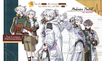 Rule 34 | 1boy, 1other, belt, black sclera, black shorts, blue eyes, book, brown belt, brown hair, brown jacket, brown shorts, character name, clothes in mouth, coat, colored sclera, colored tips, english text, feet out of frame, gloves, green vest, grey gloves, grey hair, gun, hand on own head, hand up, heterochromia, highres, holding, holding book, holding gun, holding weapon, hood, hood down, hooded coat, id card, jacket, legwear garter, medicine pocket, medicine pocket (the cosmos photographer), mismatched sclera, mouth hold, multicolored hair, multiple views, official alternate costume, open clothes, open jacket, open mouth, pants, ponytail, profile, red socks, red vest, reverse:1999, shirt, shirt in mouth, short hair, short ponytail, shorts, socks, sunnbnn, sweater vest, two-tone vest, vest, weapon, white coat, white gloves, white hair, white pants, white shirt, x (reverse:1999), yellow eyes