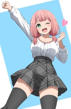 1girl ;d bang_dream! black_thighhighs breasts colored_skin green_eyes grey_skin hand_up heart highres large_breasts long_sleeves medium_hair noshimurin one_eye_closed open_mouth pink_hair pleated_skirt shirt skirt smile solo teeth thighhighs twintails uehara_himari upper_body upper_teeth_only white_shirt