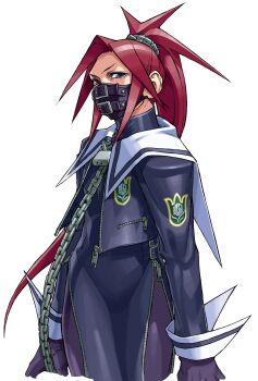 1girl absurdres arms_at_sides capelet chain cropped_legs edaki_shin&#039;ya game_cg gloves highres zaki_(justice_gakuen) justice_gakuen lock long_hair looking_at_viewer mask moero!_justice_gakuen mouth_mask non-web_source official_art padlock padlocked_collar ponytail red_hair school_uniform side_slit side_zipper simple_background solo spandex standing white_background white_capelet