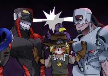 Rule 34 | andromon, beak, bird, blonde hair, blush, crown, digimon, digimon (creature), fang, hat, hiandromon, highres, nohemon, smile, wings