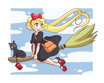 1girl :d absurdres bag bishoujo_senshi_sailor_moon black_dress broom broom_riding brown_bag cat commentary cosplay crabpinches double_bun dress english_commentary full_body hair_bun highres kiki_(majo_no_takkyuubin) kiki_(majo_no_takkyuubin)_(cosplay) long_hair looking_to_the_side luna_(sailor_moon) majo_no_takkyuubin open_mouth red_shoes shoes short_sleeves shoulder_bag smile socks solo teeth tsukino_usagi twintails upper_teeth_only very_long_hair white_socks