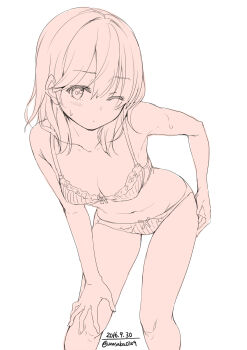 Rule 34 | 1girl, ;o, bare arms, bare legs, bare shoulders, bow, bow panties, bra, breasts, cleavage, collarbone, commentary request, cowboy shot, dated, embarrassed, eyes visible through hair, frilled bra, frills, hair between eyes, hand on own hip, hand on own knee, highres, knees, light blush, long hair, monochrome, navel, one eye closed, orange theme, original, panties, parted lips, sidelocks, simple background, small breasts, solo, stomach, striped bra, striped clothes, striped panties, sweat, twitter username, unasaka ryou, underwear, vertical-striped bra, vertical-striped clothes, vertical-striped panties, white background