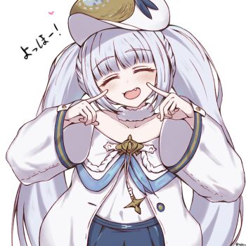 1006kbps 1girl :d ^_^ absurdres azur_lane blue_skirt blush closed_eyes coat commentary_request dmitri_donskoi_(azur_lane) fang grey_hair hands_up hat heart highres long_hair long_sleeves off_shoulder open_mouth simple_background skirt smile solo translation_request twintails upper_body very_long_hair white_background white_coat white_hat