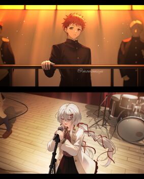 1girl black_jacket blush breasts closed_mouth commentary_request concert couple drum drum_set emiya_shirou fate/stay_night fate_(series) gaoyue_jixiang glowstick guitar highres holding holding_microphone holding_microphone_stand instrument jacket long_hair long_sleeves looking_afar looking_down microphone microphone_stand music oc_x_canon open_mouth orange_hair original pastels print_ribbon red_eyes red_hair ribbon school_uniform singing smile stage_lights white_hair