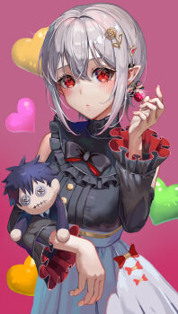 Rule 34 | 1girl, absurdres, baroque (boku no noroi no kyuuketsuki), black bow, blush, boku no noroi no kyuuketsuki, bow, character doll, commentary request, doll, earrings, grey hair, hair between eyes, hair ornament, hairclip, heart, highres, jewelry, ottoseijin, pointy ears, purple background, pursed lips, red bow, red eyes, ruby (boku no noroi no kyuuketsuki), simple background, solo