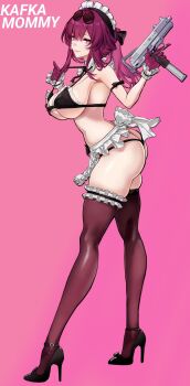 1girl apron ass bikini black_bikini black_thighhighs breasts character_name commentary english_commentary eyewear_on_head from_side gloves gun high_heels highres holding holding_gun holding_weapon honkai:_star_rail honkai_(series) kafka_(honkai:_star_rail) large_breasts maid maid_apron maid_bikini maid_headdress medium_hair pink_background purple_eyes purple_gloves purple_hair revision saint_laurent_paris solo swimsuit thighhighs unconventional_maid underboob weapon white_apron