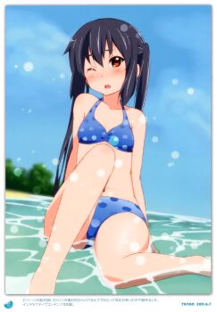 1girl 2011 absurdres beach bikini black_hair blue_bikini blush brown_eyes dated day errant female_focus highres k-on! long_hair nakano_azusa one_eye_closed outdoors polka_dot polka_dot_bikini polka_dot_swimsuit sitting solo swimsuit twintails water wince wink