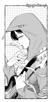 1girl animal_costume animal_hood bass_guitar commentary_request cosplay from_side futsuu_no_keion-bu greyscale guitar_strap gyogyo_kasien hand_up holding holding_bass_guitar holding_instrument hood hood_up inset_border instrument kigurumi kouyama_rin long_sleeves looking_at_viewer monochrome official_alternate_costume outside_border profile snake snake_costume solo tongue tongue_out twitter_username