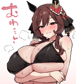 1girl alternate_breast_size_(larger) animal_ears arms_under_breasts bikini black_bikini black_ribbon blush bow braid braided_hair_rings breasts brown_hair commentary_request ear_covers ear_ribbon gentildonna_(umamusume) gradient_background hair_rings horse_ears horse_girl huge_breasts light_smile looking_at_viewer parted_lips pink_background red_eyes ribbon shimiya_(aokuchi) skindentation solo sweat swimsuit umamusume upper_body white_background