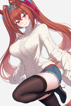 1girl absurdres animal_ears black_thighhighs blue_shorts blush breasts brown_hair closed_mouth commentary_request daiwa_scarlet_(umamusume) denim denim_shorts hair_between_eyes hair_intakes highres horse_ears horse_girl horse_tail large_breasts long_hair looking_at_viewer red_eyes shorts sleeves_past_wrists smile solo sweater tail take978733141 thighhighs tiara twintails umamusume very_long_hair white_sweater