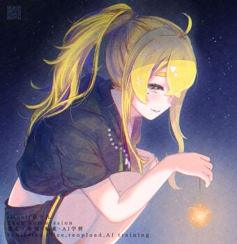 1girl black_shirt black_shorts blonde_hair blush brown_eyes commentary_request commission copyright_request feet_out_of_frame fireworks hand_up heart holding holding_fireworks ittokyu long_hair parted_lips ponytail qr_code senkou_hanabi shirt short_eyebrows short_sleeves shorts solo sparkle sparkler squatting thick_eyebrows very_long_hair virtual_youtuber watermark