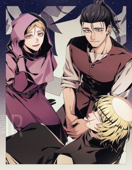 Rule 34 | 1girl, 2boys, artist logo, badeni, belt, black hair, black tabard, blonde hair, brown eyes, brown hair, buttons, capelet, chi.: chikyuu no undou ni tsuite, closed mouth, eyepatch, highres, hood, hood up, iorbtyn, jacket, jolenta, logo, looking at viewer, medium hair, multiple boys, oczy, pink capelet, ponytail, scar, scar on face, scar on lip, scar on mouth, scar on nose, shirt, sitting, sleeves pushed up, smile, tabard, tonsure, white shirt