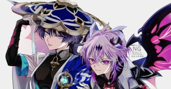 Rule 34 | 2boys, ahoge, aqua gemstone, armor, asrhion, black bodysuit, black bridal gauntlets, blue cape, blue hat, blue sleeves, blunt ends, bodysuit, bridal gauntlets, bright pupils, cape, chest jewel, choppy bangs, closed mouth, collar, colored eyelashes, crossed bangs, dragon boy, dragon horns, dragon wings, eyeliner, eyeshadow, facial mark, forehead mark, gem, genshin impact, gloves, gold, hair between eyes, hand on own arm, hand up, hat, heart-shaped gem, highres, horns, japanese armor, jingasa, kote, kurokote, layered sleeves, looking at viewer, makeup, mandala, mandarin collar, mini durin (genshin impact), mini durin (human) (genshin impact), multiple boys, pink eyes, pink hair, pink wings, purple eyes, purple hair, purple horns, red eyeliner, red eyeshadow, red gemstone, scaramouche (genshin impact), short sleeves, shoulder peek, side-by-side, slit pupils, smile, split mouth, tilted headwear, tongue, tongue out, tsurime, vision (genshin impact), wanderer (genshin impact), watermark, white background, white collar, white gloves, white pupils, white sleeves, white trim, wings