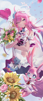 1girl absurdres balloon blue_eyes blue_sky bouquet breasts clothing_cutout commentary_request cyrene_(honkai:_star_rail) cyrene_(ripples_of_past_reverie)_(honkai:_star_rail) dress flower halo heart_balloon highres holding holding_bouquet honkai:_star_rail honkai_(series) large_breasts looking_at_viewer mem_(honkai:_star_rail) momo_(2240807) multicolored_hair pink_hair purple_eyes purple_hair side_cutout sky smile sunflower white_dress white_hair