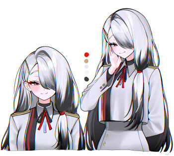 1girl absurdres animification black_hair black_skirt blush commentary_request cropped_torso dress grey_dress grey_skirt hair_over_one_eye hair_over_shoulder half-closed_eyes hand_up haze_(7h4ze) highres long_hair long_sleeves multicolored_hair multiple_views original red_eyes shirt simple_background skirt smile two-tone_hair white_background white_hair