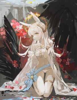 1girl absurdres animal_ears arknights bikini blue_sash breasts chinese_commentary closed_mouth commentary flower glint hand_up highres horse_ears horse_girl kneeling laurel_crown long_hair navel outdoors platinum_(arknights) platinum_(shimmering_dew)_(arknights) red_flower sash small_breasts solo swimsuit thigh_strap vihua6 white_bikini white_hair yellow_eyes