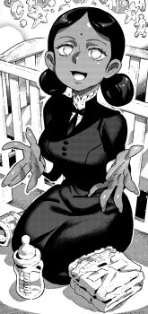 1girl baby_bottle bindi bottle breasts cradle crescent dark-skinned_female dark_skin diaper double_bun dress greyscale gundam gundam_gquuuuuux hair_bun highres ireading lalah_sune looking_at_viewer medium_breasts monochrome open_hands open_mouth parted_hair rattle seiza sitting smile solo star_(symbol) very_long_fingernails